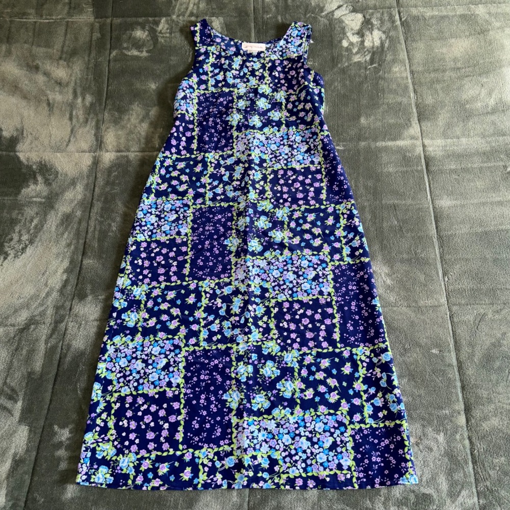 VTG My Michelle Blue Floral Patchwork Sleeveless Maxi Dress Girls Sz 12 Cottage